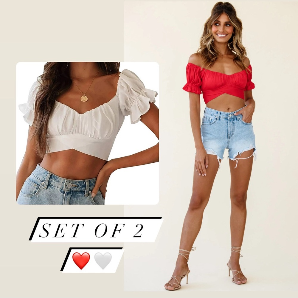3/$30 Set of 2 Puff Sleeve Tie Back Crop Tops S